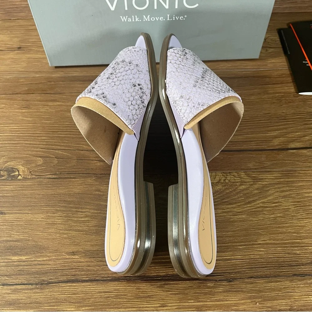 VIONIC Demi Purple Leather Slides Sandals Slip-On Shoes Snakeskin Women’s NEW‎